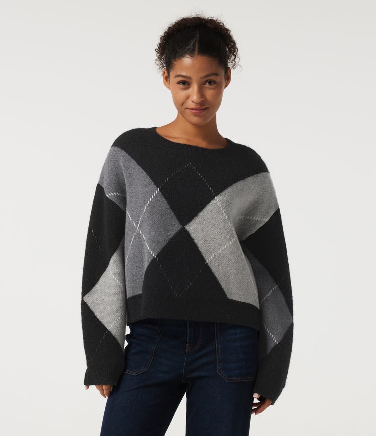 Round Neck Long Sleeve Plaid Casual Sweater Round Neck Long Sleeve Plaid Casual Sweater