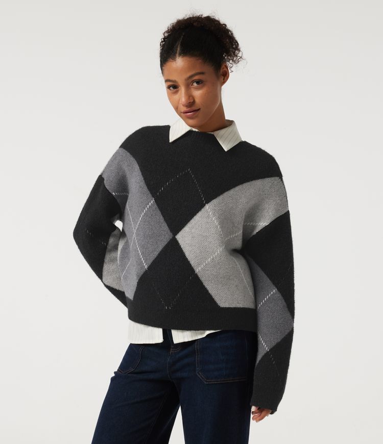 Round Neck Long Sleeve Plaid Casual Sweater Round Neck Long Sleeve Plaid Casual Sweater