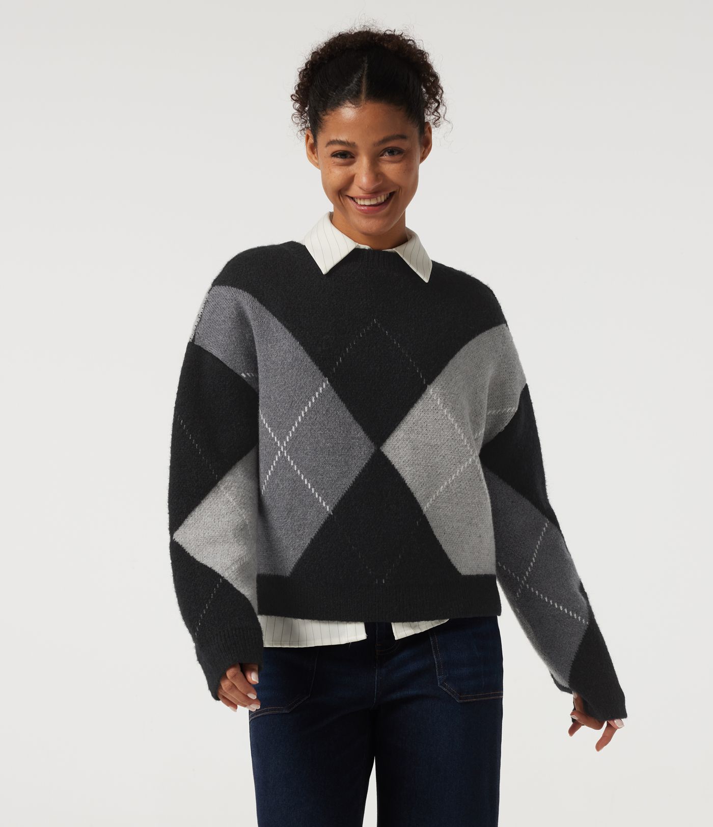 Round Neck Long Sleeve Plaid Casual Sweater Round Neck Long Sleeve Plaid Casual Sweater