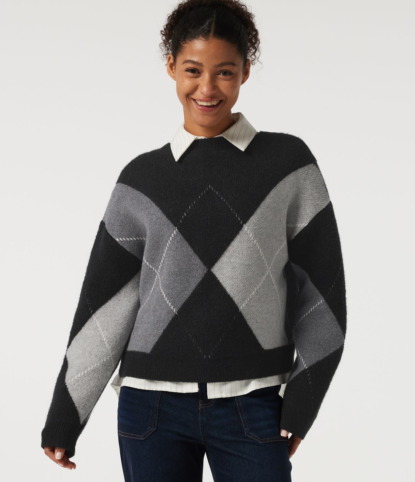 Round Neck Long Sleeve Plaid Casual Sweater Round Neck Long Sleeve Plaid Casual Sweater