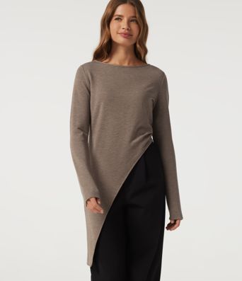 Boat Neck Long Sleeve Asymmetrical Hem Casual T-Shirt