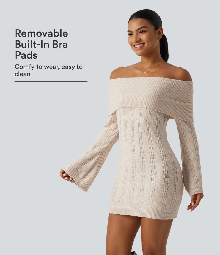 Off Shoulder Flounce Long Sleeve  Built-in Bra Mini Casual Sweater Dress 