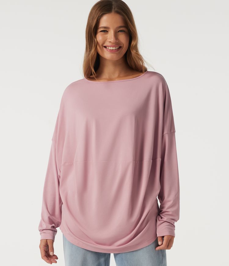 Boat Neck Long Sleeve Curved Hem Casual Top