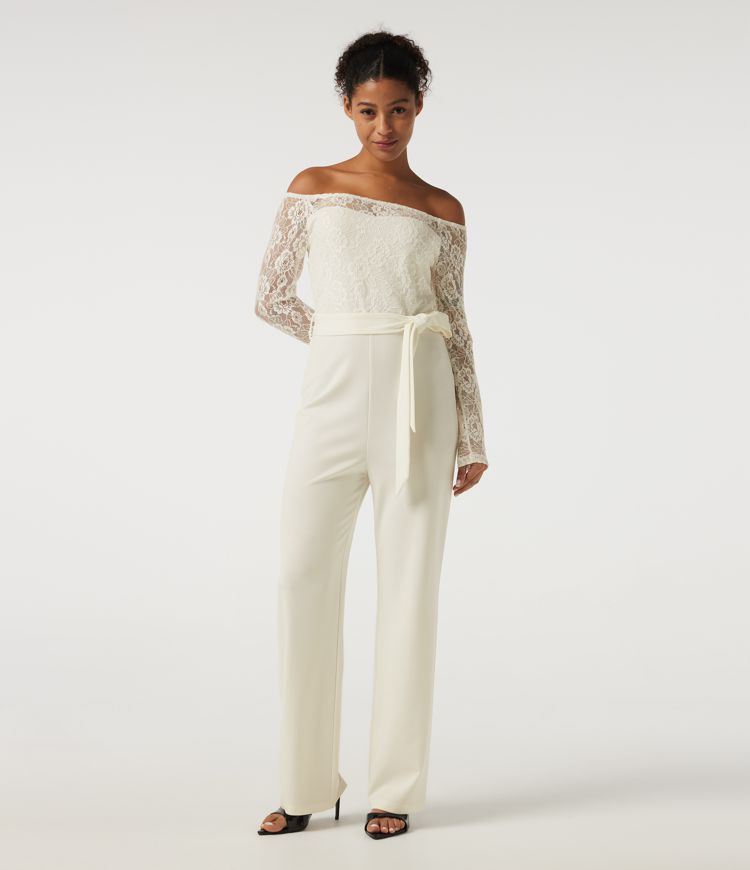 Off Shoulder Long Sleeve Straight Leg Belted Casual Jumpsuit