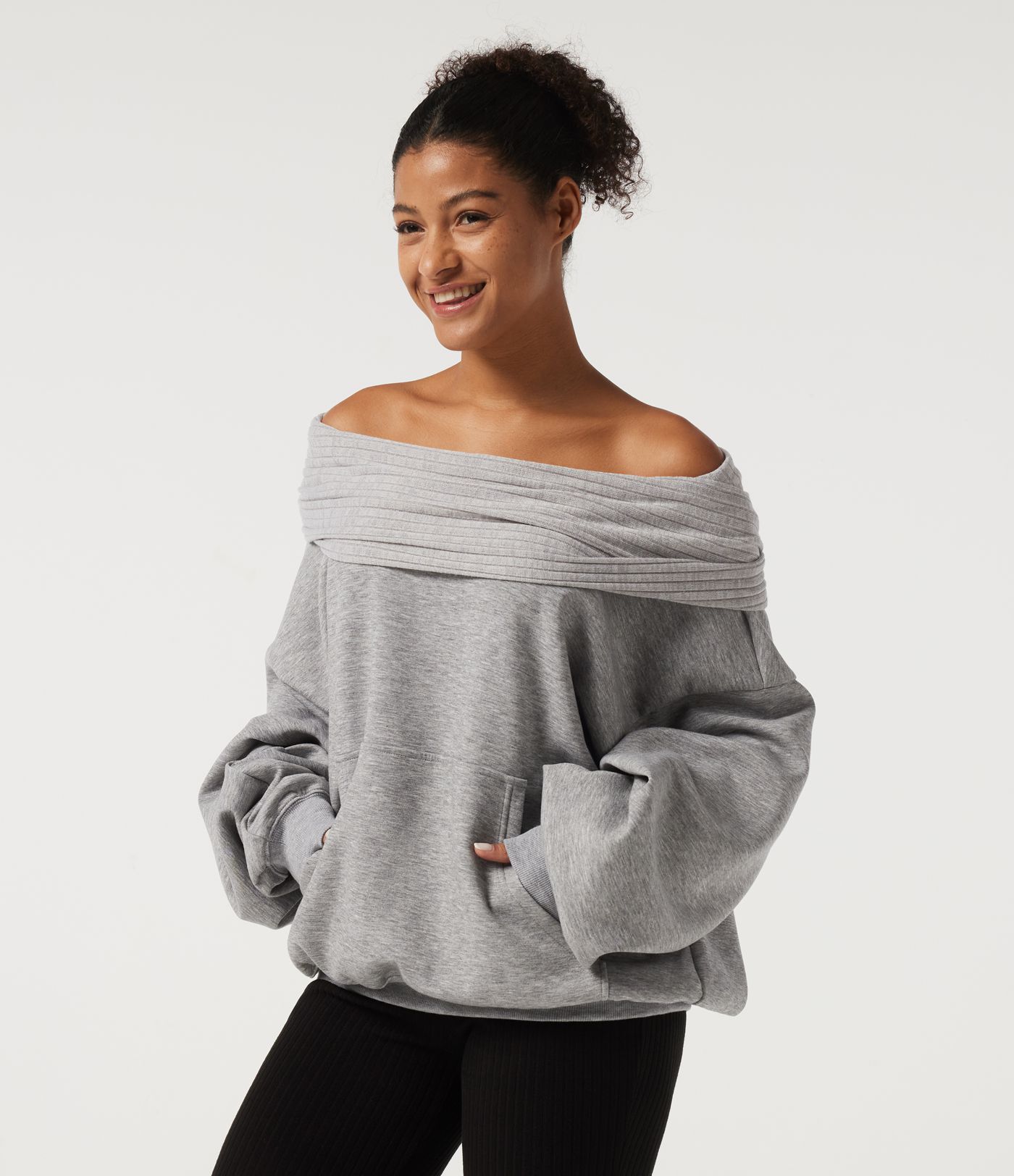 Sweat-shirt décontracté à épaules dénudées et manches longues chauve‑souris
