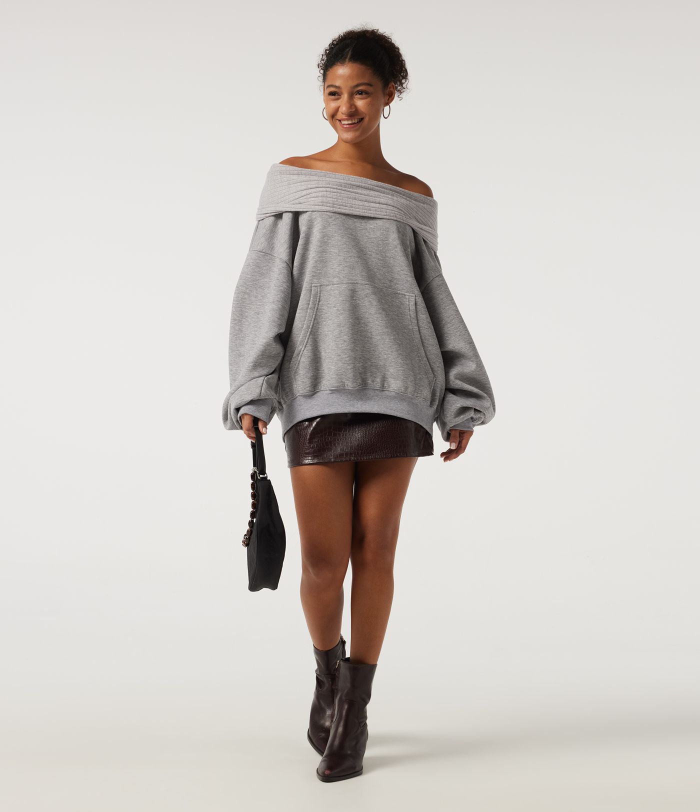 Sweat-shirt décontracté à épaules dénudées et manches longues chauve‑souris
