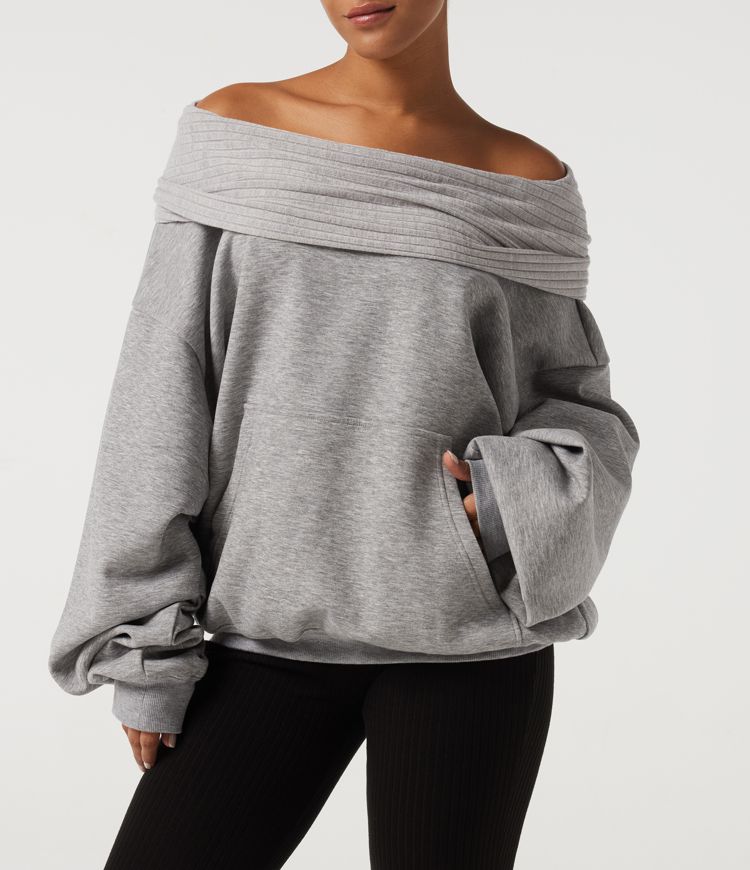 Sweat-shirt décontracté à épaules dénudées et manches longues chauve‑souris