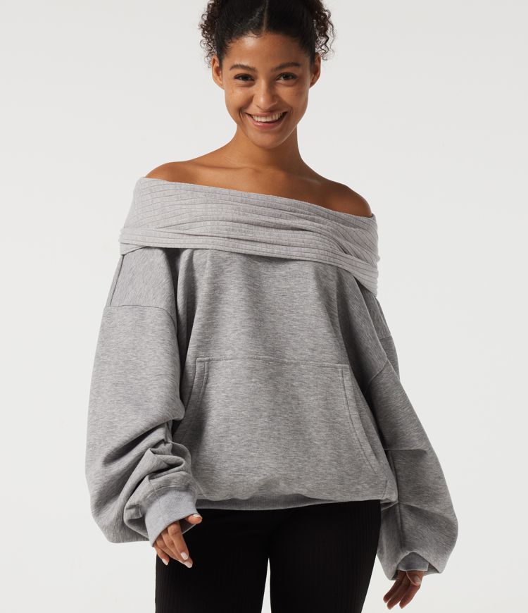 Sweat-shirt décontracté à épaules dénudées et manches longues chauve‑souris