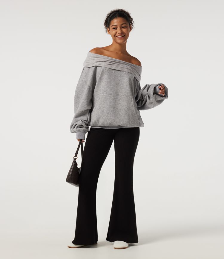 Sweat-shirt décontracté à épaules dénudées et manches longues chauve‑souris