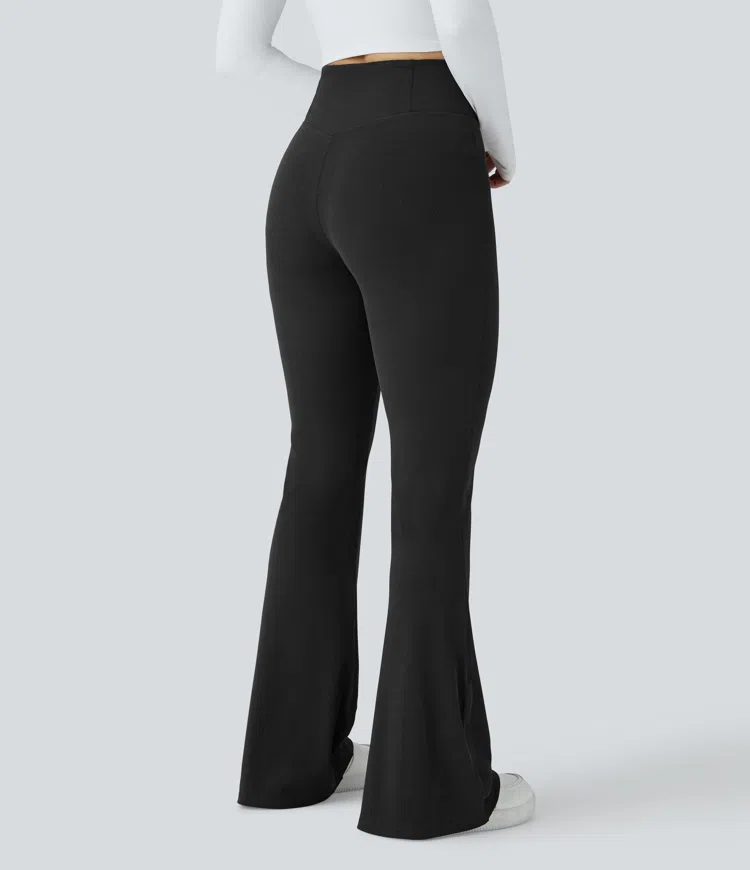 Negro Pantalones flare casual de tejido waffle con cintura alta cruzada y bolsillos / 2