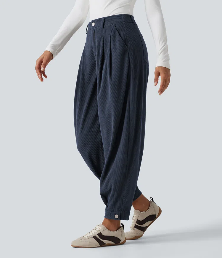 Mid Rise Corduroy Casual Balloon Joggers with Pockets