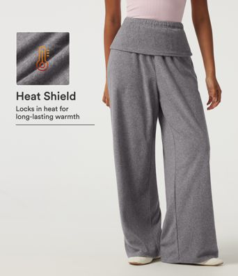 High Waisted Foldover Flare Fleece Casual Pants with Pockets High Waisted Foldover Flare Fleece Casual Pants with Pockets