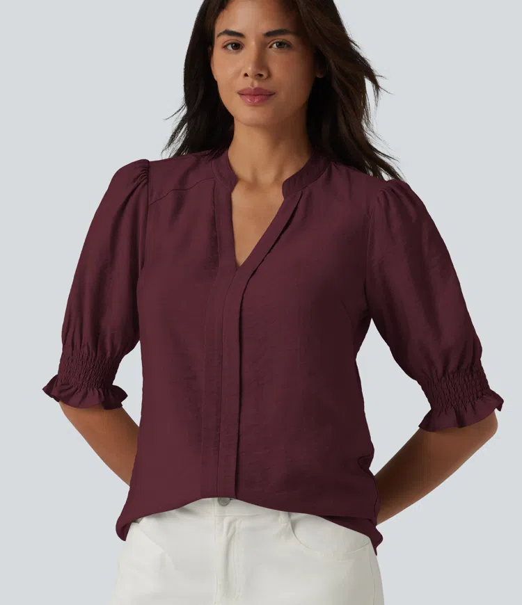 V Neck Puff Short Sleeve Casual Blouse