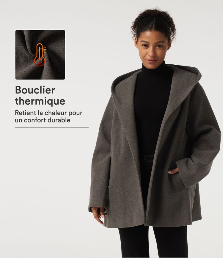 Major Brown Manteau de bureau en polaire à capuche et manches longues avec ceinture à nouer et poches / 1