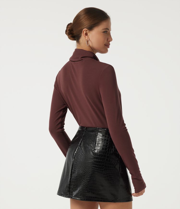 Dark Chestnut Mock Neck Long Sleeve Casual Top with Scarf  / 2