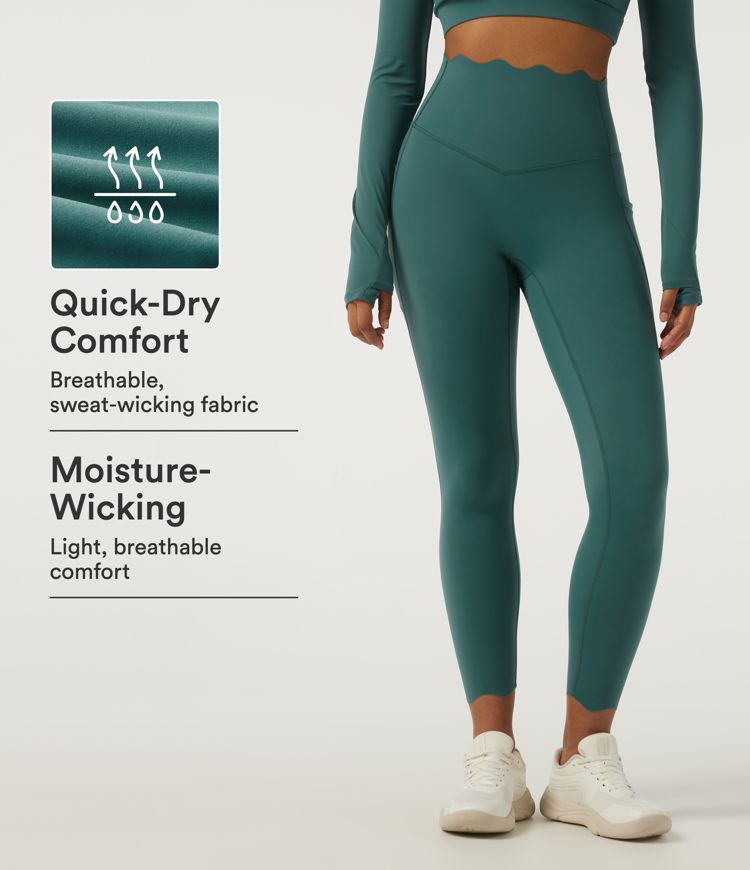 Quick Dry High Waisted Skinny Scallop Hem Running Leggings with Pockets