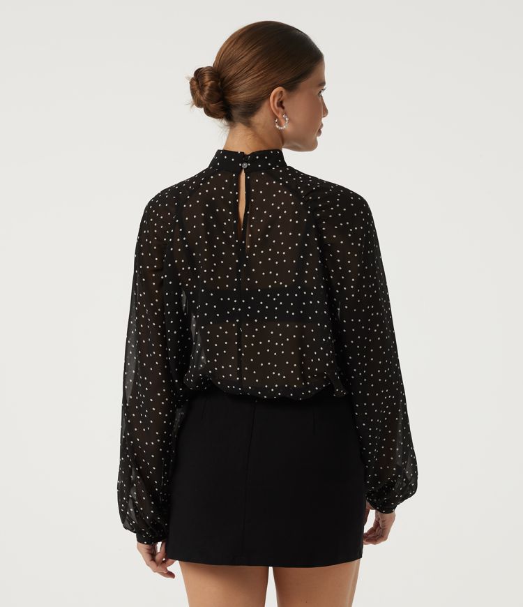 Noir Gala Dot  Stand Collar Polka Dot Long Sleeve Resort Blouse / 2