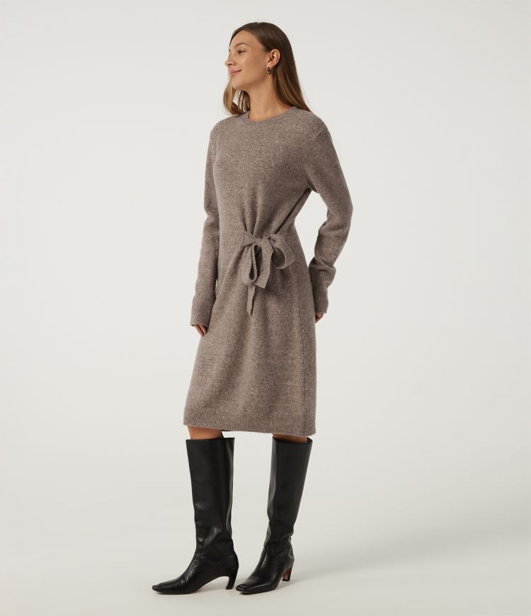 Round Neck Long Sleeve Tie Casual Midi Sweater Dress