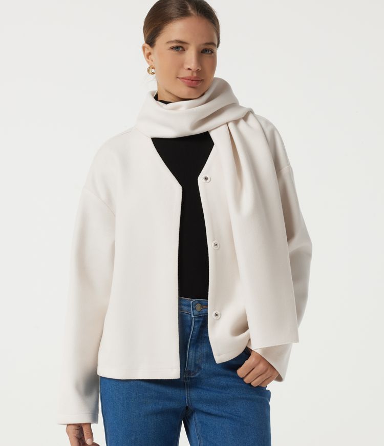 Lässiger Fleece-Mantel mit V-Ausschnitt, Seitentaschen und langen Ärmeln
