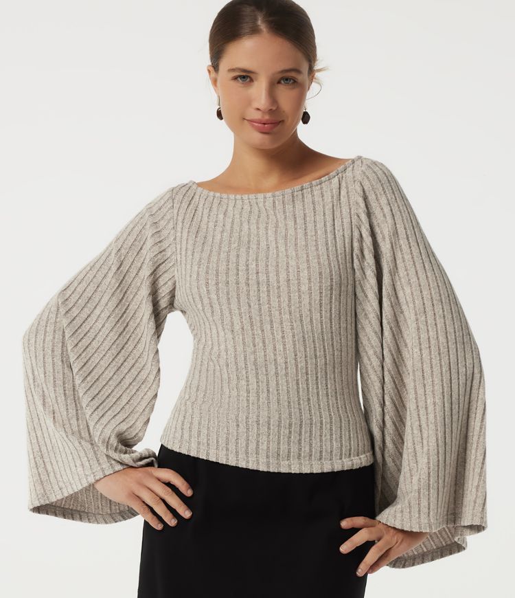 Ribbed Boat Neck Bell Long Sleeve Casual Top