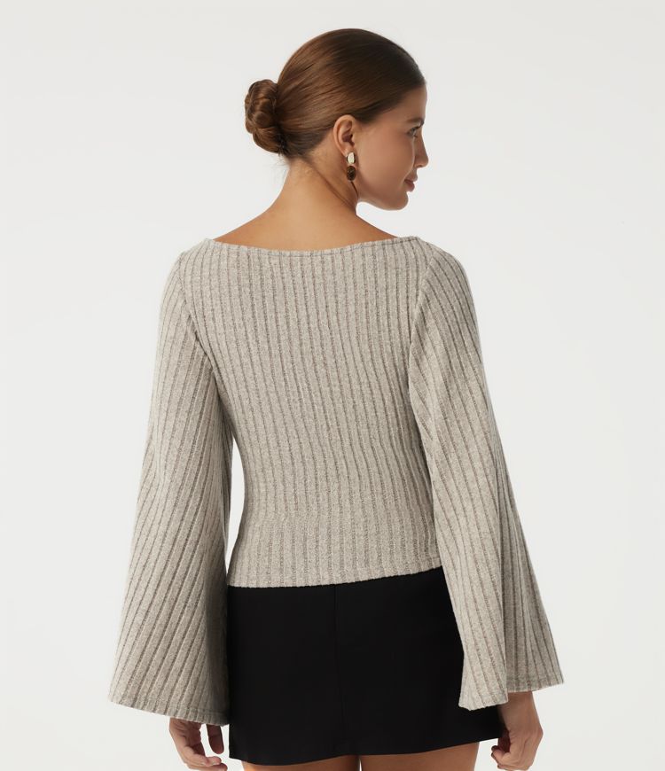 Warm Grey Floral Velvet Ribbed Boat Neck Bell Long Sleeve Casual Top / 2