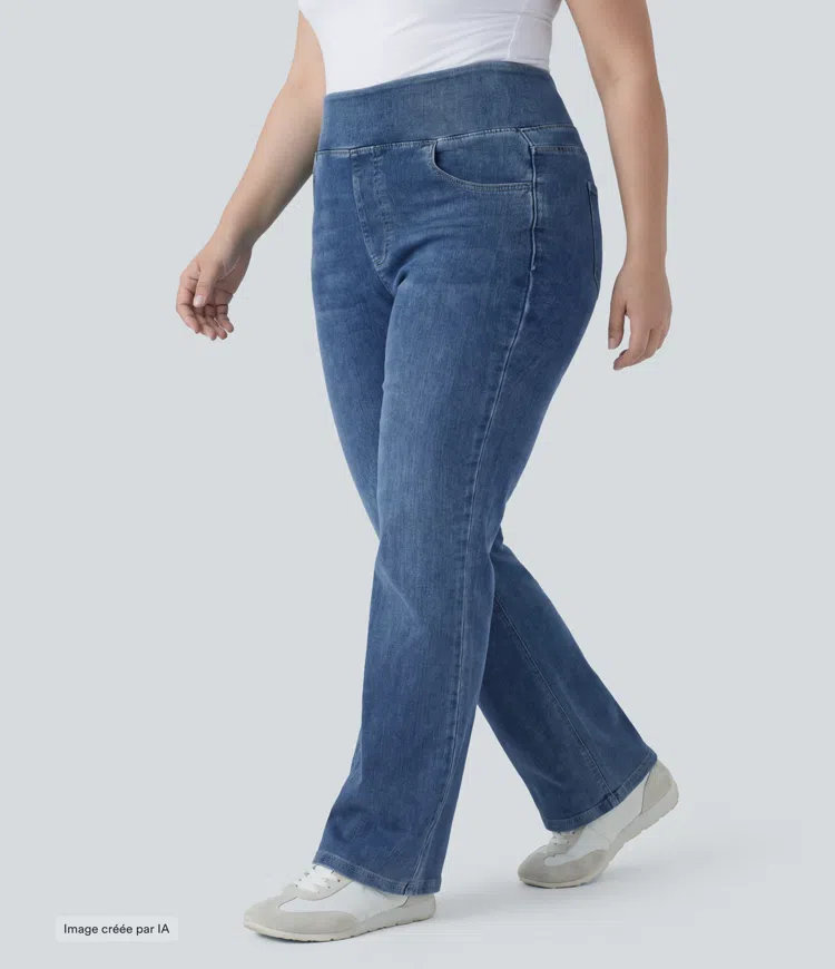 Jean décontracté Halara Flex™ grande taille bootcut taille haute en maille extensible délavée avec multiples poches