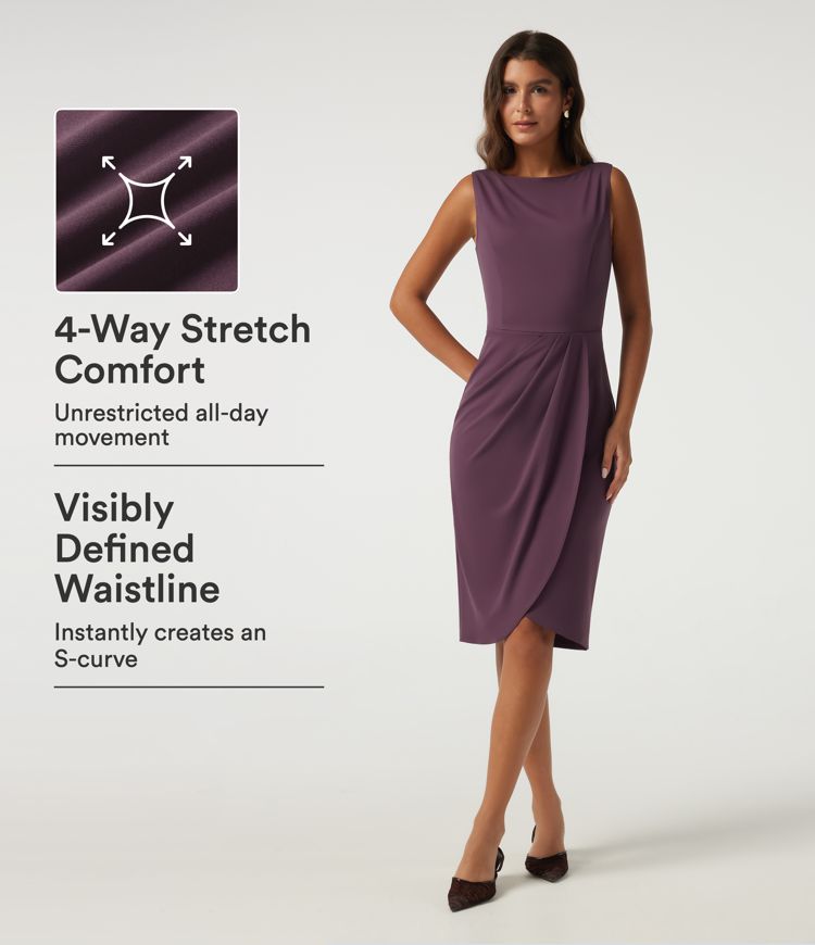 Boat Neck Sleeveless Work Midi Dress with Pockets