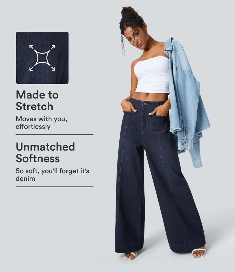 Halara Flex™ High Waisted Pockets Washed Casual Wide Leg Jeans