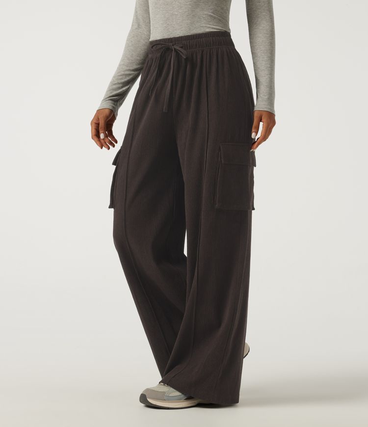 High Waisted Drawstring Baggy Corduroy Cargo Workout Pants with Pockets