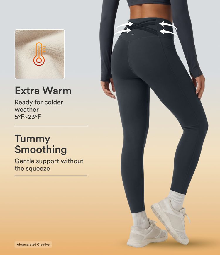 Halara Ultrasculpt™ Extra Heat High Waisted Tummy Control Crossover Back Fleece Running Leggings with Pockets