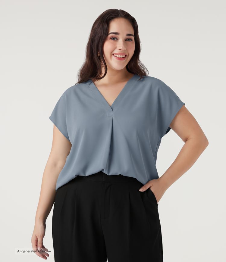 Plus Size Wrinkle Recovery V Neck Short Sleeve Work Blouse