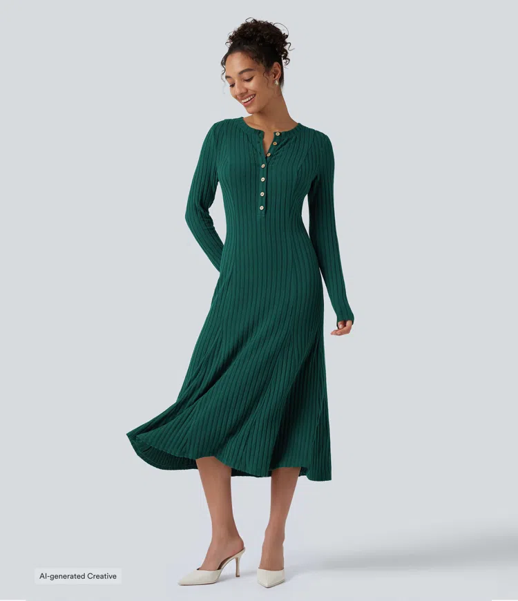 Ribbed Knit Henley Neck Long Sleeve Flowy Midi Casual Dress