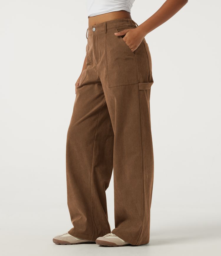 Mid Rise Wide Leg Corduroy Casual Pants with Pockets