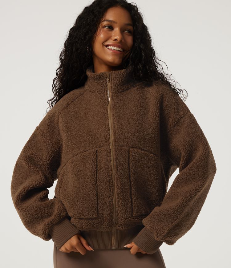 Mock Neck Long Sleeve Casual Sherpa Jacket with Pockets