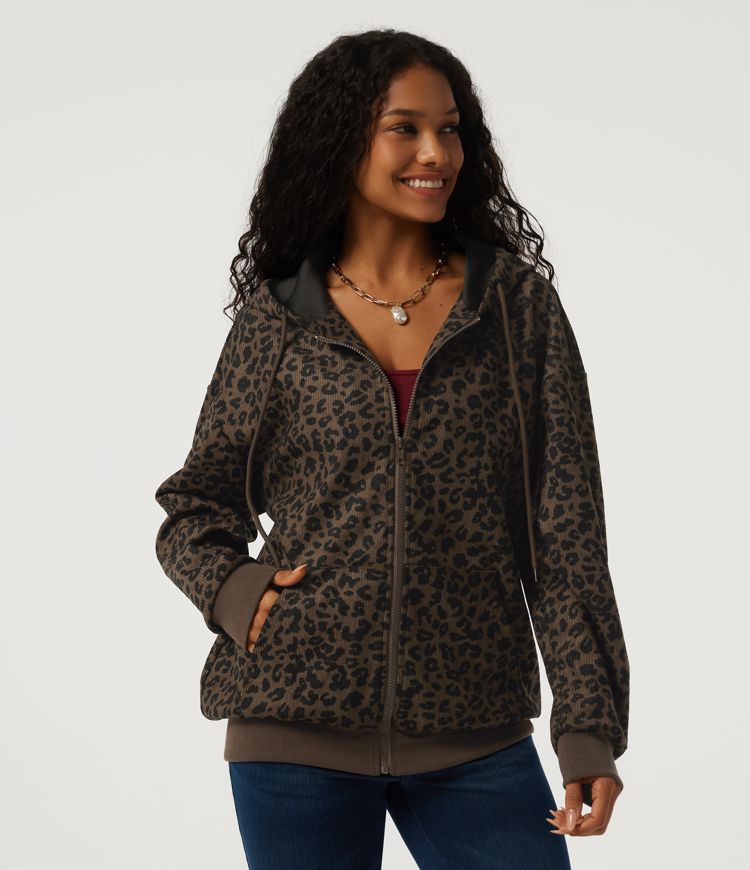Lässige Jacke aus Cord mit Kapuze, Seitentaschen, langen Ärmeln und Leopardenmuster