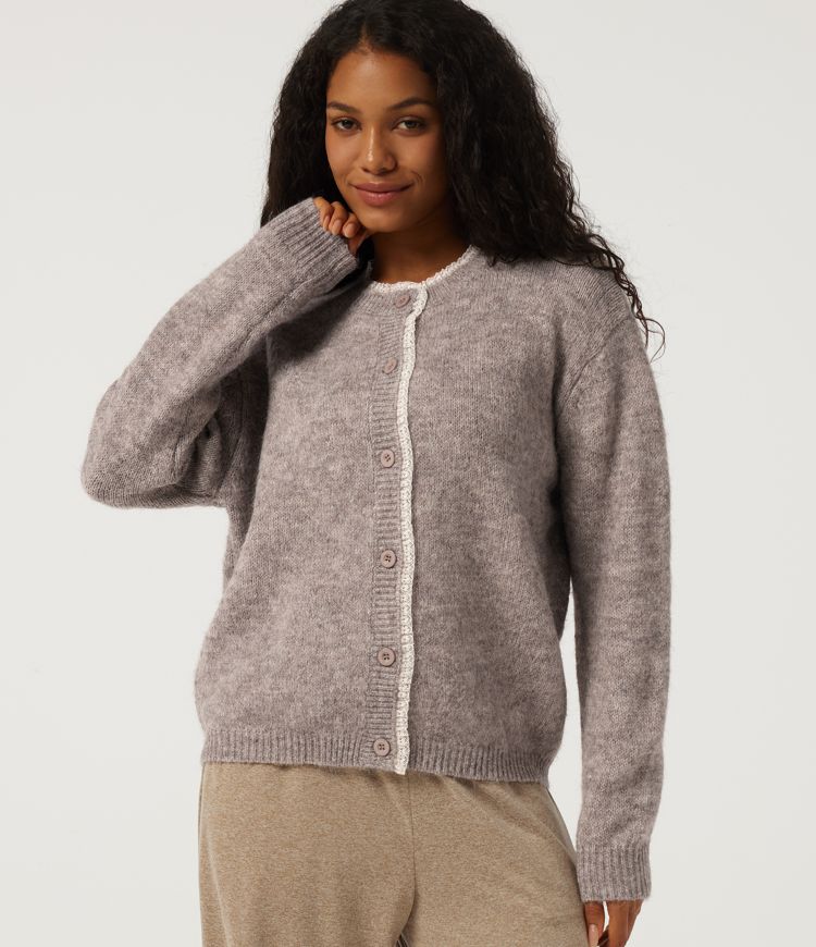 Round Neck Long Sleeve Contrast Lace Casual Cardigan
