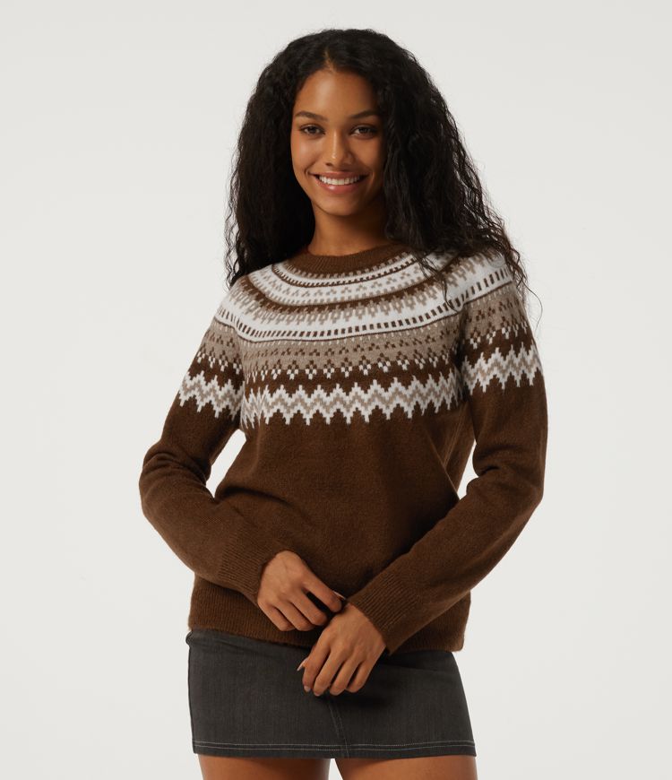 Round Neck Raglan Long Sleeve Patterned Casual Sweater
