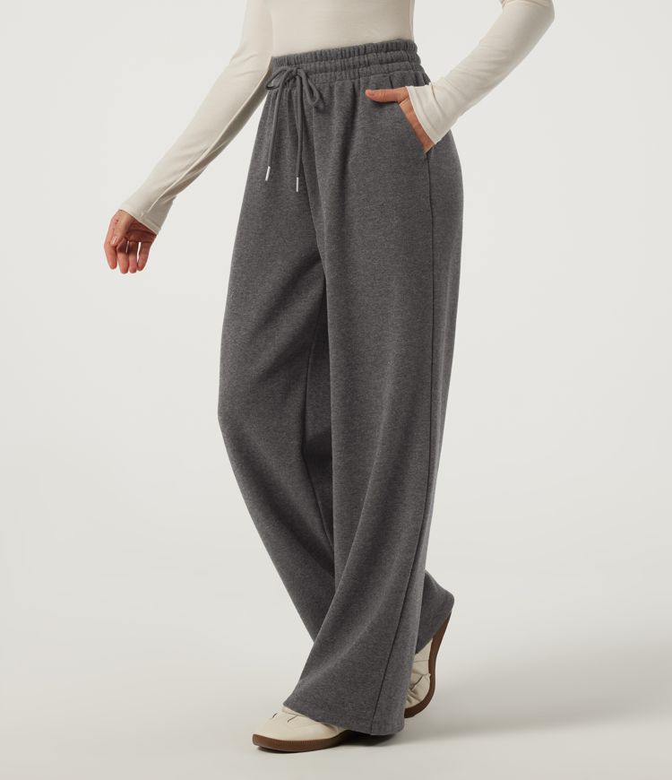Pantalon décontracté en polaire, taille haute, à cordon, jambe large, avec poches