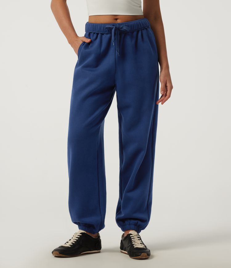 Mid Rise Foldover Drawstring Cotton Casual Sweatpants with Pockets