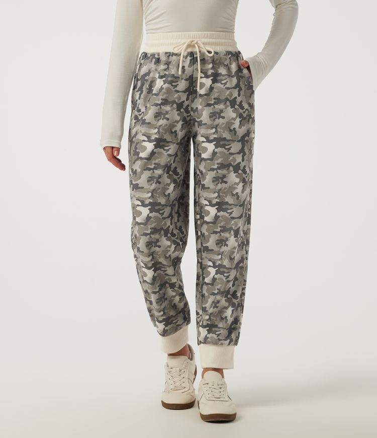 Mid Rise Camo Drawstring Corduroy Casual Joggers with Pockets