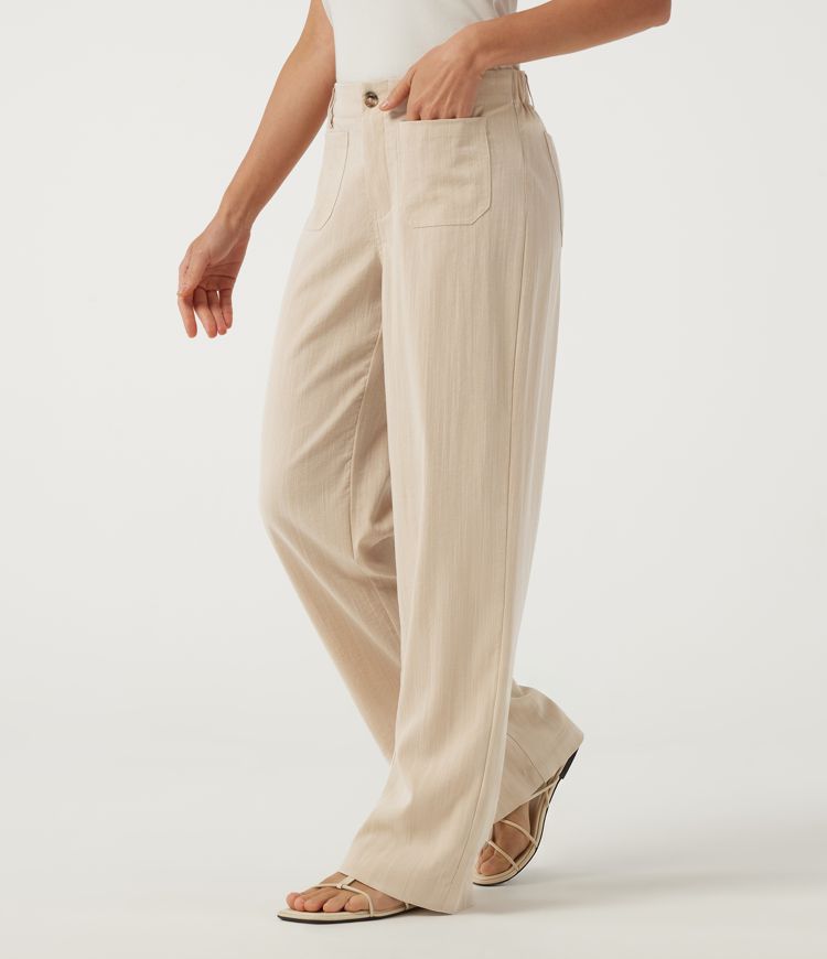 Low Rise Straight Leg Casual Linen-Feel Pants with Pockets