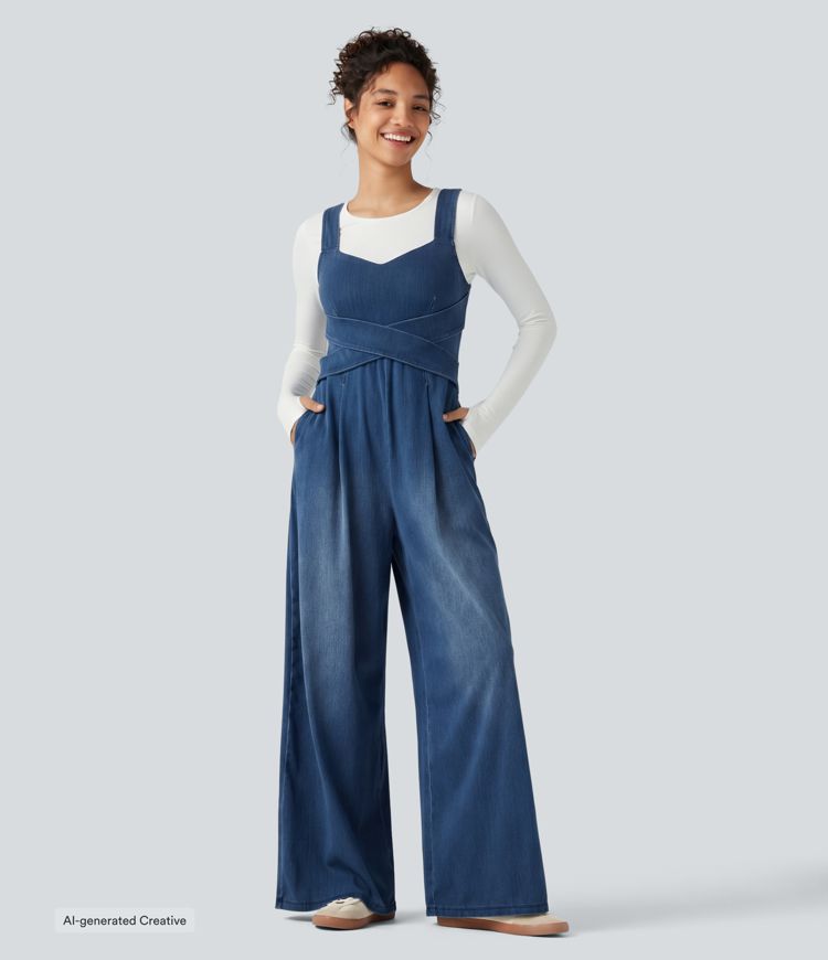 Halara Flex™ Lässiger Denim-Jumpsuit mit integriertem BH und Taschen - Easy Peezy Edition