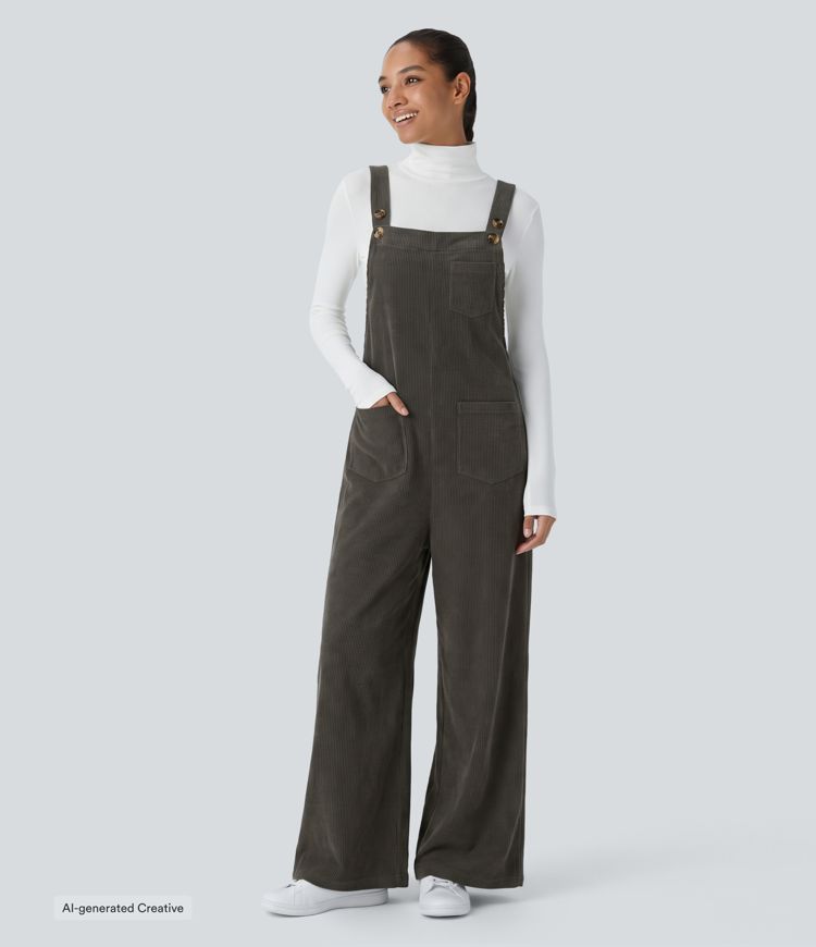 Square Neck Corduroy Casual Overalls with Pockets
