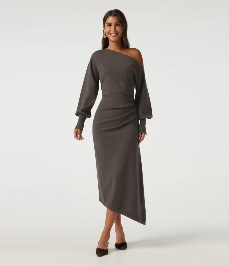 One Shoulder Puff Long Sleeve Asymmetric Work Midi Sweater Dress