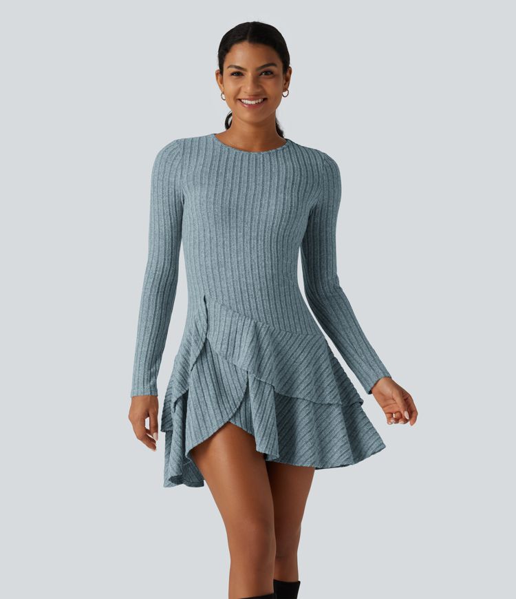 Ribbed Knit Round Neck Long Sleeve Layered Ruffle Hem Mini Casual Dress
