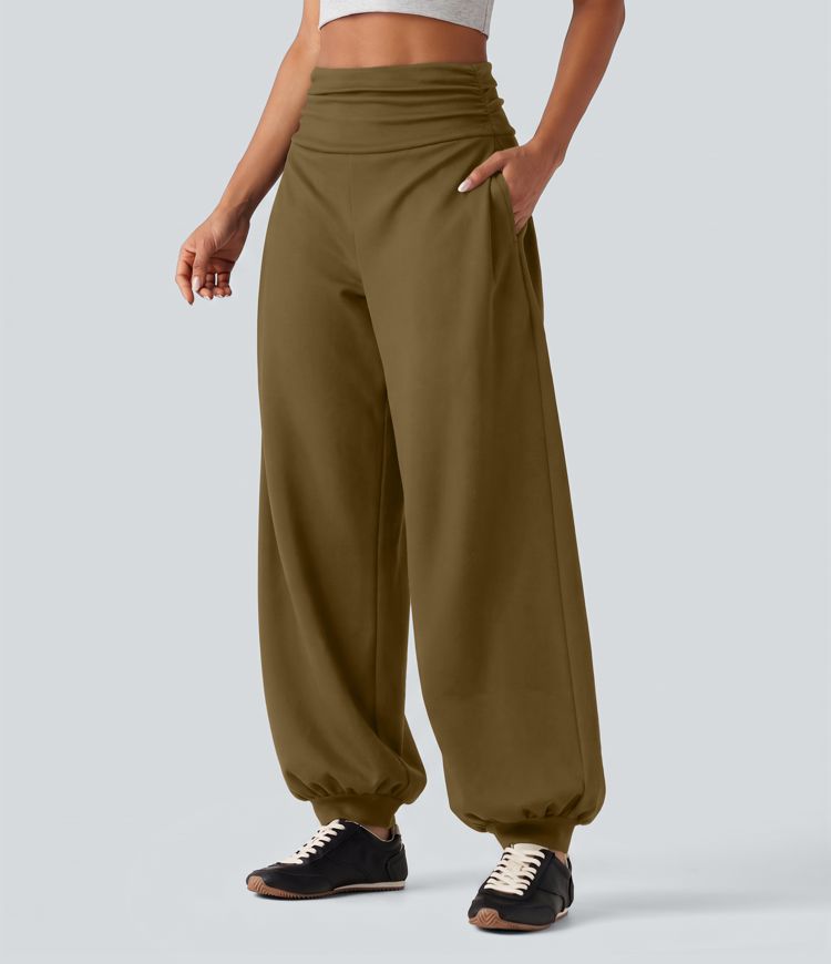 High Waisted Ruched Balloon Casual Joggers with Pockets