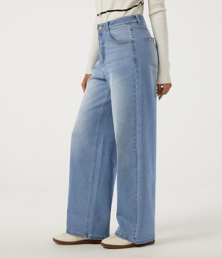 Malibu Blue Denim Mid Rise Wide Leg Casual Jeans with Pockets / 1