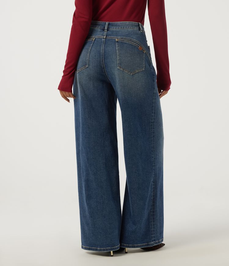 Estate Blue Denim Mid Rise Wide Leg Cotton Casual Jeans with Pockets / 2