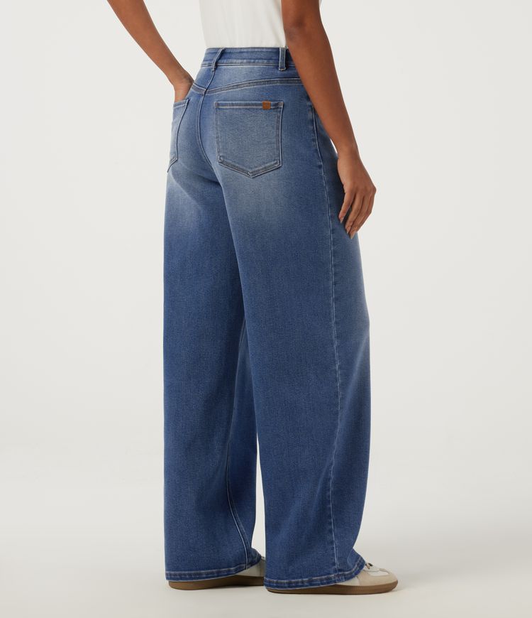 Tide Blue Denim Mid Rise Wide Leg Casual Jeans with Pockets / 2