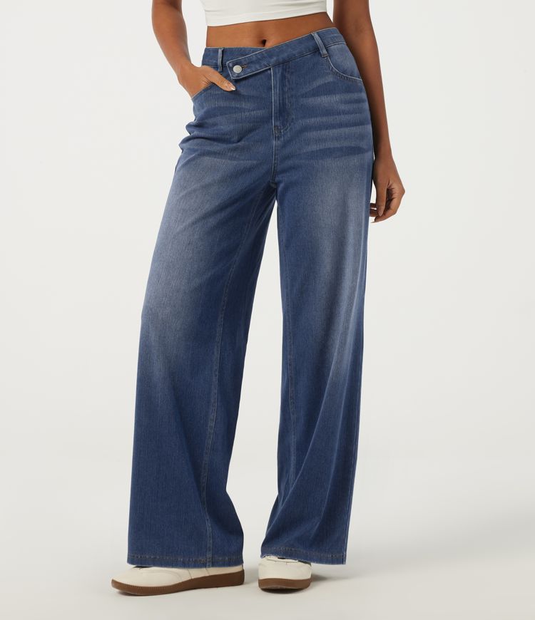 Halara Flex™ High Waisted Wide Leg Asymmetric Cotton Casual Jeans with Pockets
